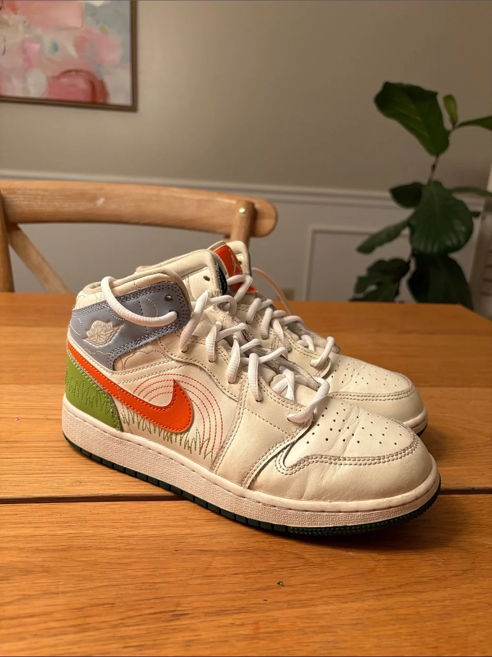 Kids White and Orange Basketball Shoes with Green Accent - Nike High Tops